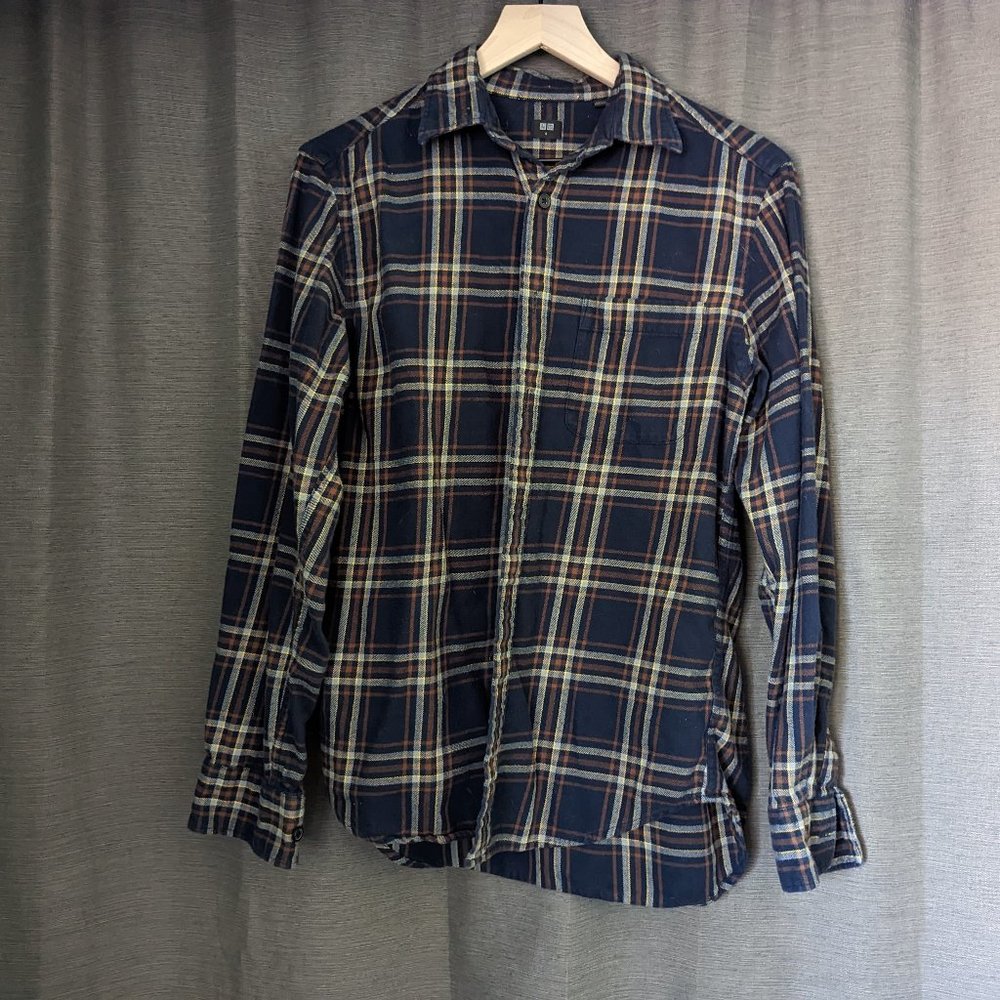 Men's UNIQLO Size S Navy/Brown/Yellow Plaid 100% Cotton Flannel Long-Sleeve